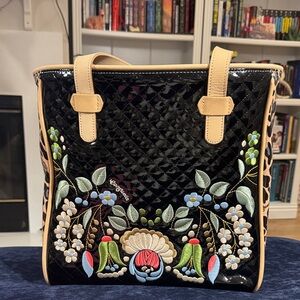 Consuela Black Quilted Tote with Floral Embroidery